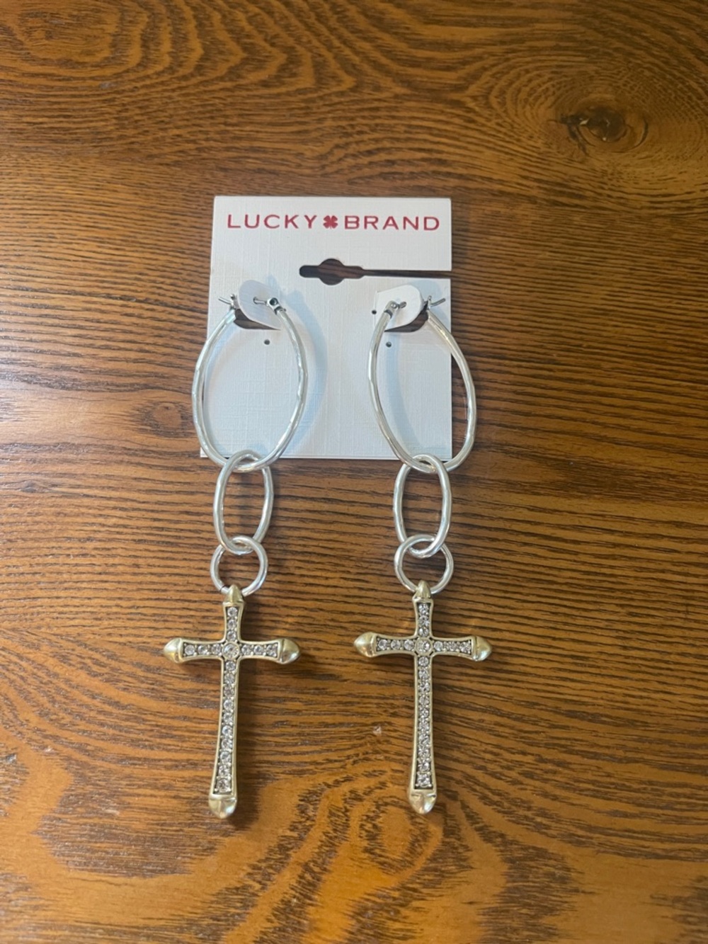 Lucky Brand Silver-Tone Hoop Earrings with Crystal Cross Drops